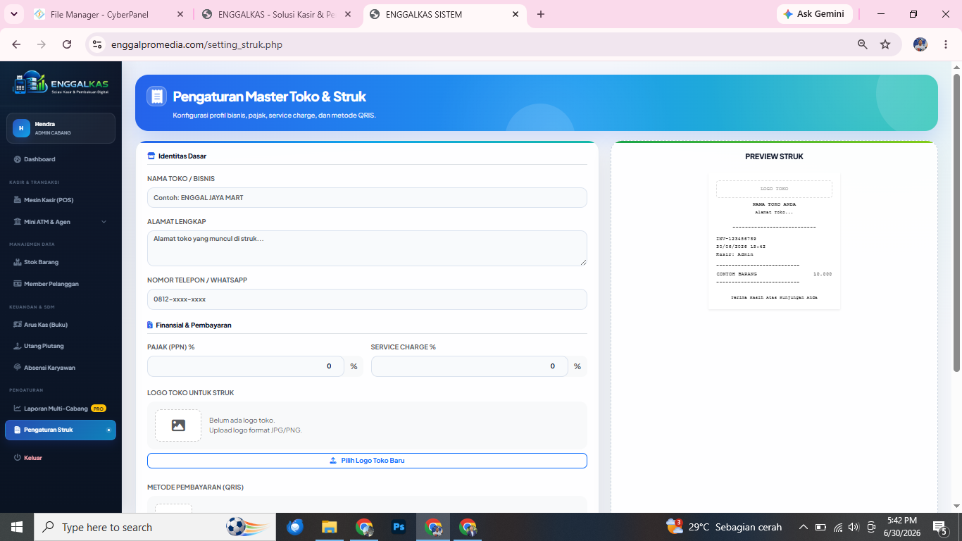 Preview desktop Pengaturan Struk ENGGALKAS